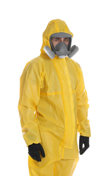Man wearing chemical protective suit on white background. Prevention of virus spread