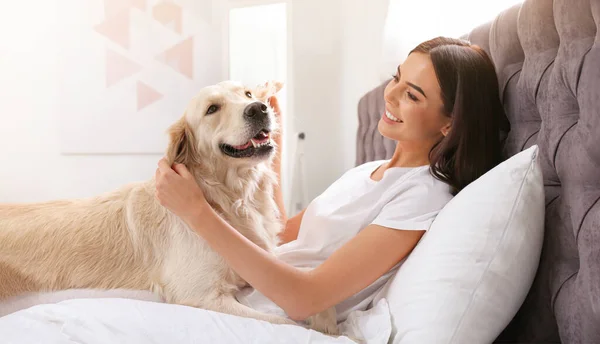 Jeune Femme Avec Jolie Golden Retriever Sur Lit Maison Conception — Photo