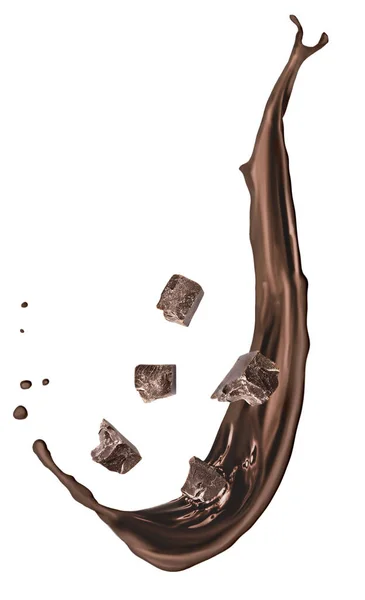 Вкусный Расплавленный Шоколадный Брызг Падающими Куски Белом Фоне — стоковое фото