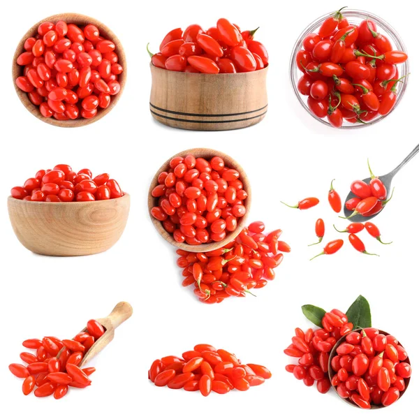 Set Frischer Goji Beeren Auf Weißem Hintergrund — Stockfoto