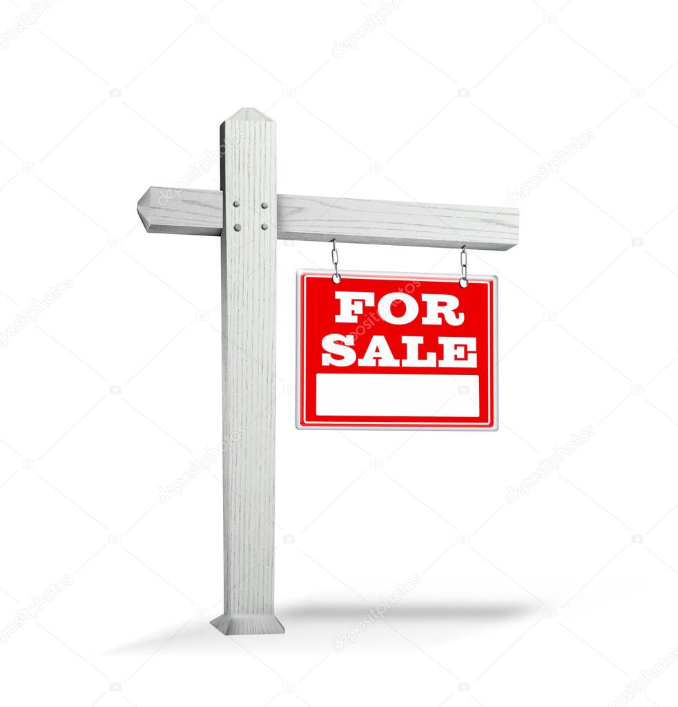 Real estate sign with phrase FOR SALE on white background