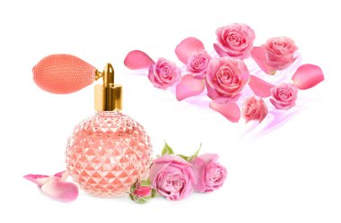 Beyaz arka planda çiçek kokusu olan parfüm