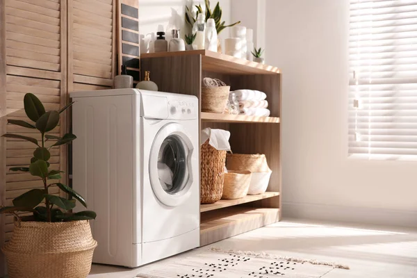 Modern Washing Machine Shelving Unit Laundry Room Interior — Stock Photo, Image