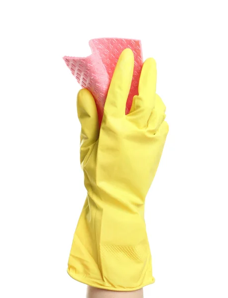 Человек Резиновой Перчатке Тряпкой Белом Фоне Крупным Планом Руки — стоковое фото