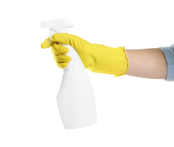 Persoon Rubberen Handschoen Met Wasmiddel Spray Witte Achtergrond Close Van — Stockfoto