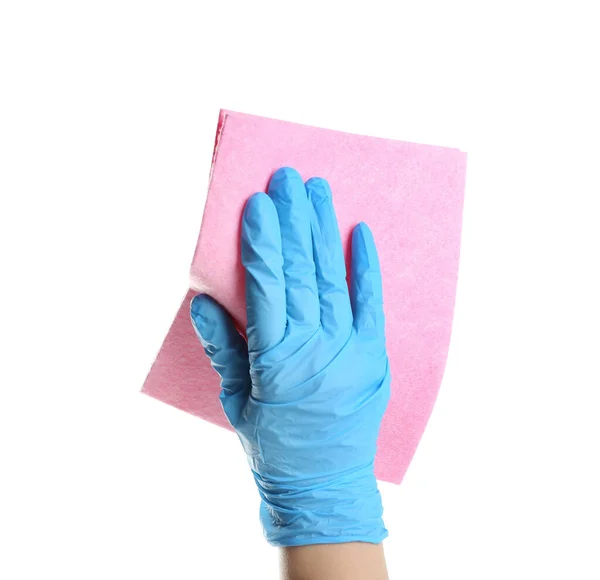 Mujer Guantes Látex Azul Con Trapo Sobre Fondo Blanco Primer — Foto de Stock