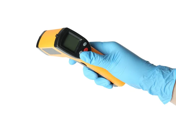 Dokter Latex Handschoenen Met Contactloze Infrarood Thermometer Witte Achtergrond Close — Stockfoto