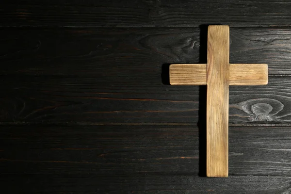 Krzyż Chrześcijański Drewnianym Tle Widok Góry Miejscem Tekst Pojęcie Religii — Zdjęcie stockowe