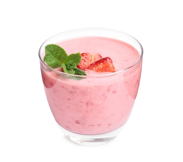 Lekkere Aardbeien Smoothie Met Munt Glas Geïsoleerd Wit — Stockfoto