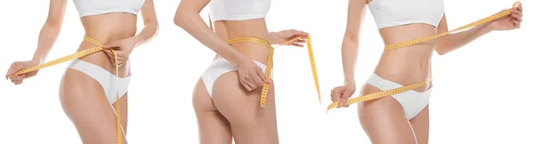 Beyaz Arka Planda Ince Vücutlu Kadınların Yakın Görüntüsü Kolaj Pankart — Stok fotoğraf