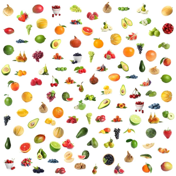 Conjunto Frutas Maduras Frescas Bagas Fundo Branco — Fotografia de Stock