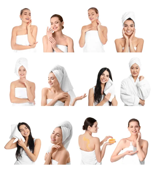 Mooie Vrouwen Met Handdoeken Witte Achtergrond Collage — Stockfoto