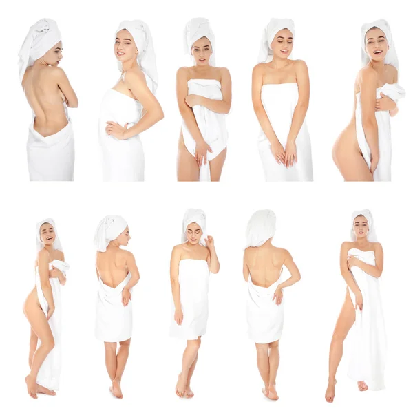 Piękna Kobieta Ręcznikiem Białym Tle Kolaż — Zdjęcie stockowe