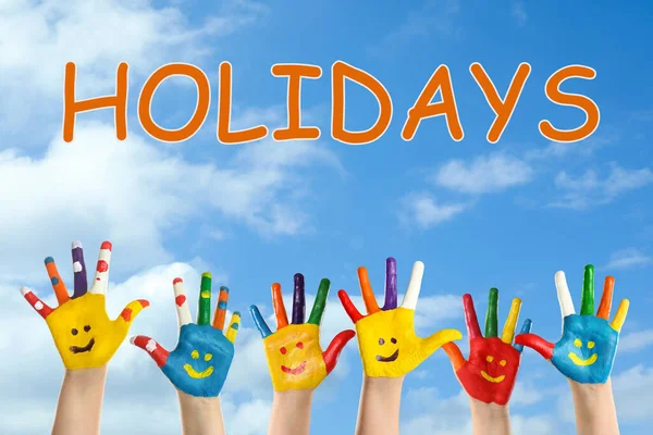 School Holidays Children Painted Palms Blue Beautiful Sky Background Closeup — Stock Photo, Image