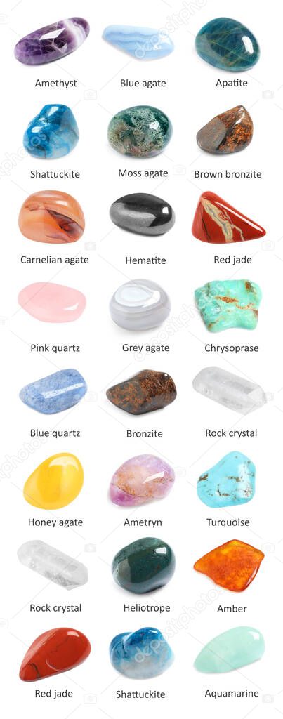 Collection of different gemstones on white background