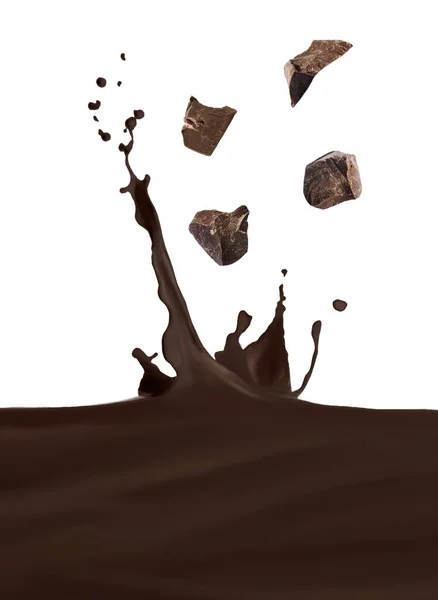 ユミー溶かしたチョコレートスプリングとともに白い背景に落ちる塊 — ストック写真