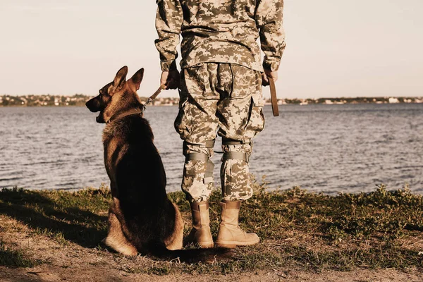 Mann Militäruniform Mit Schäferhund Freien Nahaufnahme — Stockfoto