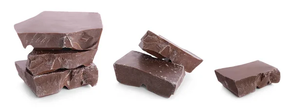 Set Con Deliciosos Trozos Chocolate Sobre Fondo Blanco Diseño Banner — Foto de Stock