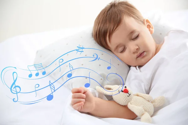 Flying music notes and cute little baby sleeping with toy at home. Lullaby songs