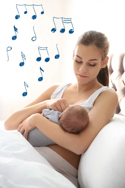 Flying music notes and young woman with her baby at home. Lullaby songs