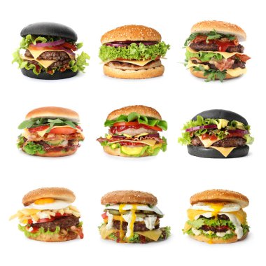 Beyaz arka planda değişik lezzetli hamburgerler.