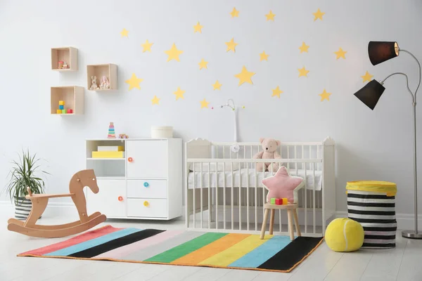 Stylish Baby Room Interior Crib Toys — Stock Photo, Image