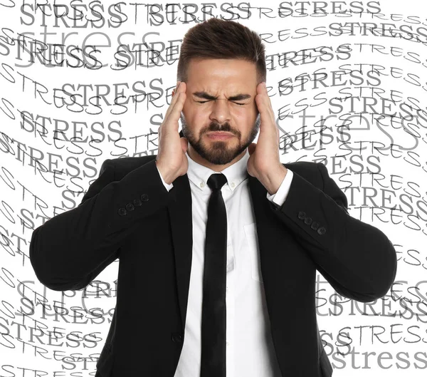 Geschäftsmann Leidet Unter Depressionen Und Wörter Stress Auf Weißem Hintergrund — Stockfoto