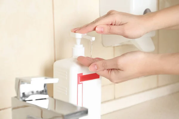 Woman Applying Antiseptic Gel Hand Public Bathroom Closeup — Stock Photo, Image