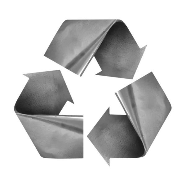 アルミニウム製のリサイクルシンボルは白い背景に缶 — ストック写真