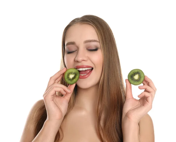 Jonge Vrouw Met Gesneden Kiwi Witte Achtergrond Vitaminerijk Voedsel — Stockfoto