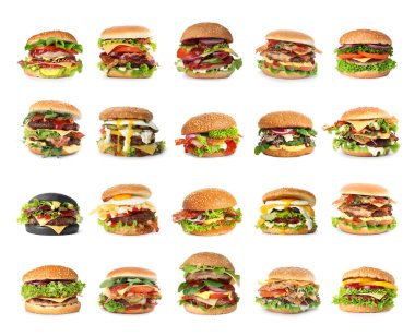 Beyaz arka planda değişik lezzetli hamburgerler.