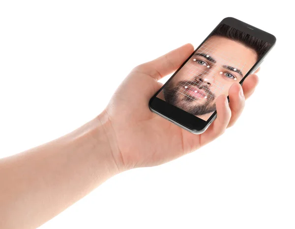 Мужчина Использует Смартфон Системой Распознавания Лиц Белом Фоне Крупным Планом — стоковое фото