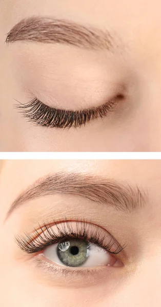 Collage Photos Young Woman Beautiful Long Eyelashes Extension Procedure Closeup — Stock Photo, Image