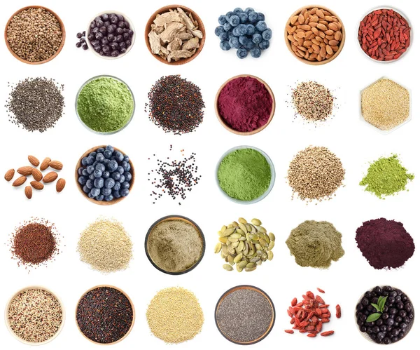 Set Van Verschillende Superfoods Witte Achtergrond Bovenaanzicht — Stockfoto