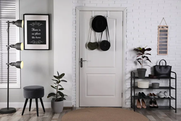 Hallway Interior Stylish Furniture Shoes Plants — Stock Photo, Image