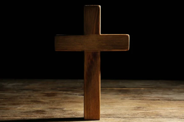 Christian Cross Wooden Table Black Background Religion Concept — Stock Photo, Image