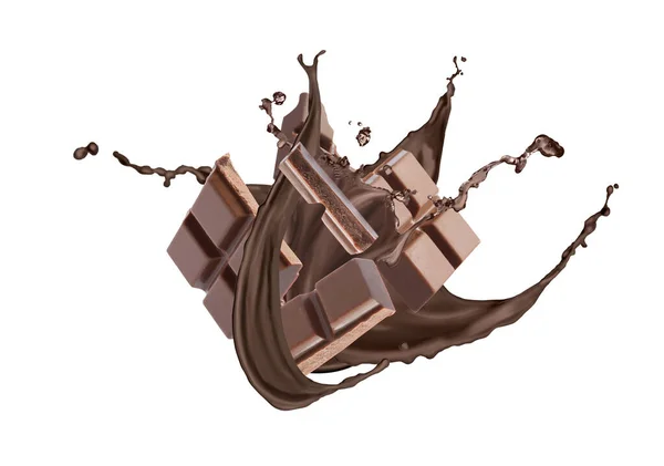 Yummy Cioccolato Fuso Pezzi Cadenti Sfondo Bianco — Foto Stock