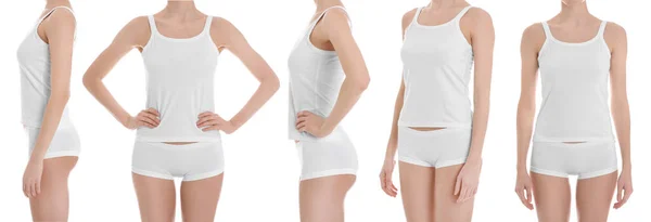 Collage Mit Fotos Von Jungen Frauen Unterwäsche Auf Weißem Hintergrund — Stockfoto