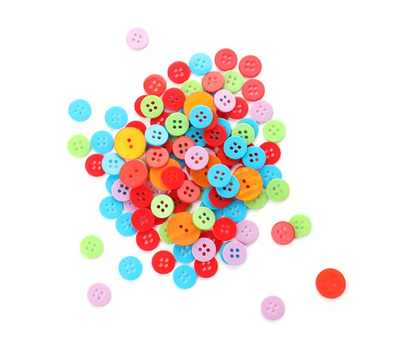 Многие Красочные Пластиковые Кнопки Шитья Изолированы Белом Вид Сверху — стоковое фото