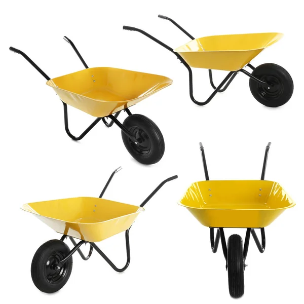 Set New Yellow Wheelbarrows White Background Gardening Tool — Stock Photo, Image