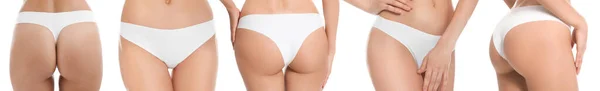 Collage Photos Young Woman Underwear White Background Closeup Beauty Body — Stock Photo, Image