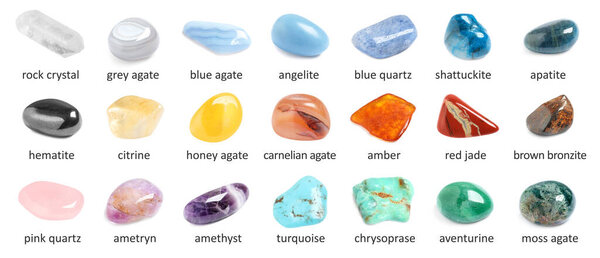 Collection of different gemstones on white background. Banner design
