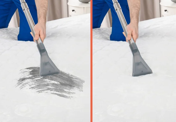 Homem Desinfectando Colchão Com Aspirador Close Antes Depois Limpeza — Fotografia de Stock