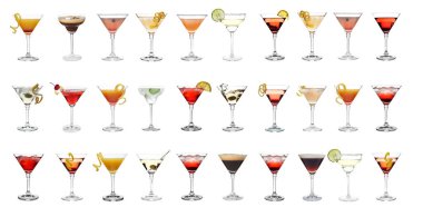 Beyaz arka planda farklı martini kokteylleri, pankart tasarımı. 