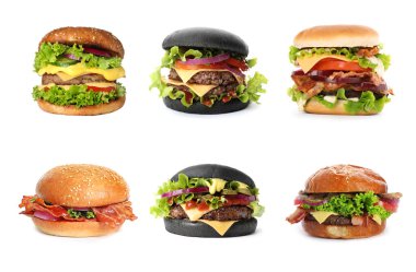 Beyaz arka planda değişik lezzetli hamburgerler.