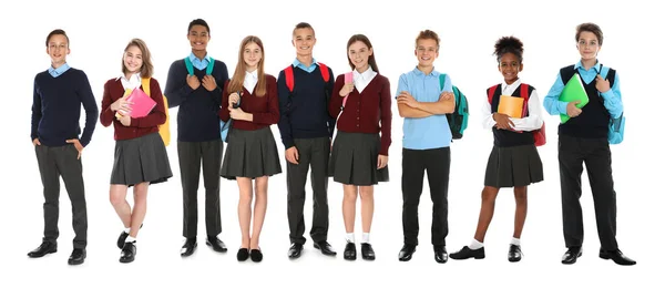 Niños Con Uniformes Escolares Sobre Fondo Blanco Diseño Banner — Foto de Stock