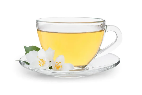 Tasse Tee Und Frische Jasminblüten Isoliert Auf Weiß — Stockfoto