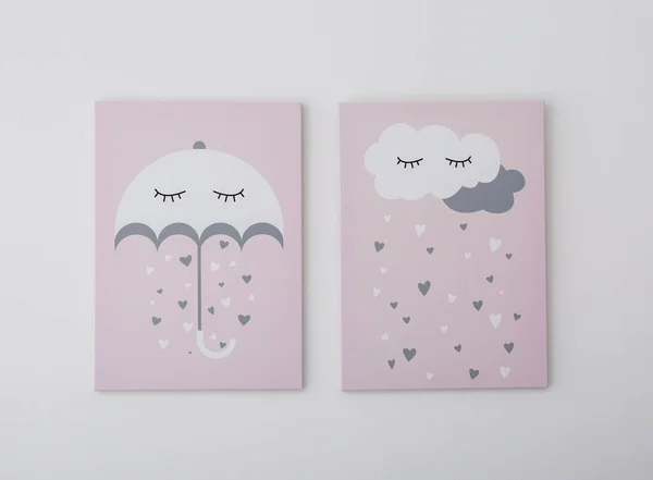 Adorables Imágenes Paraguas Nubes Corazones Pared Blanca Habitación Infantil Elementos — Foto de Stock