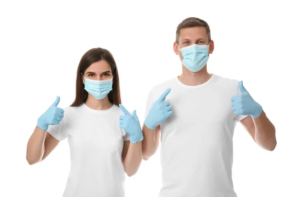 Volunteers Masks Gloves White Background Protective Measures Coronavirus Quarantine — Stock Photo, Image