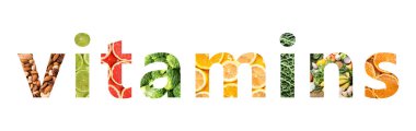 Kelime VITAMINS beyaz arka planda farklı ürünlerden yapılmış. Pankart tasarımı